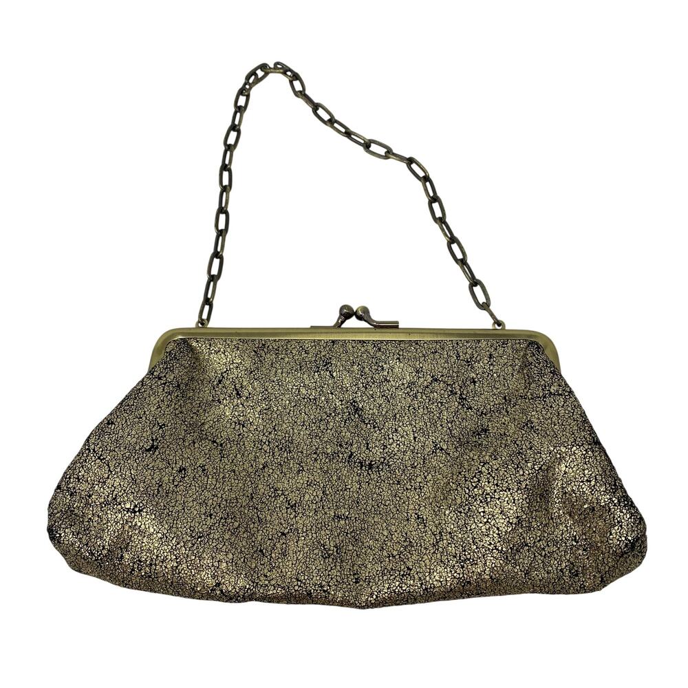 Kenneth Cole Reaction Y2K Gold Metallic Crackle Kiss Lock Chain Purse Bag
